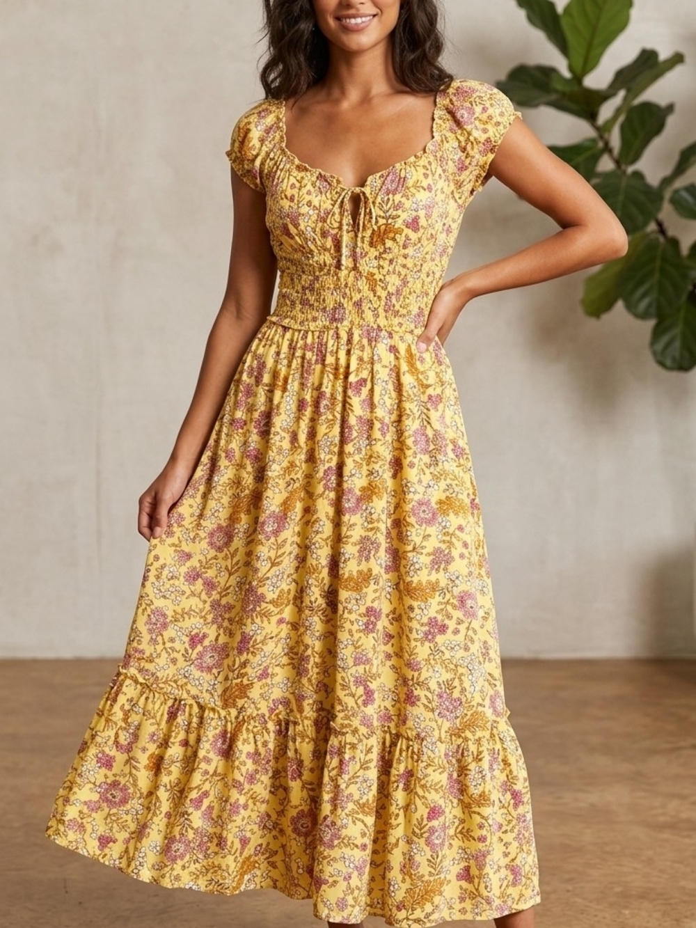 Yellow Floral Smocked Midi Dress with Ruffle Hem